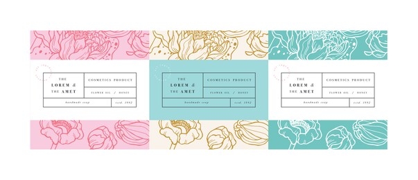 vector set pattens for cosmetics with label template design. patterns or wrapping paper for package and beauty salons. lotus flowers. organic, natural cosmetic