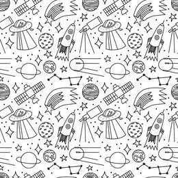 space and astronomy hand drawn seamless pattern. ideal for background, kids wallpaper, textile, backdrop, wrapping paper. pattern design. 