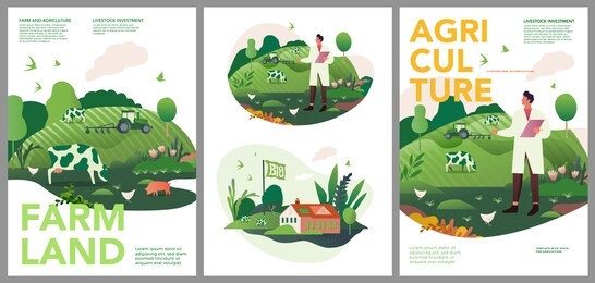 vector set of spring and summer posters. investments in animal husbandry, technologies and agribusiness development. illustrations of farms and objects agronomy for a poster, banner, or postcard.