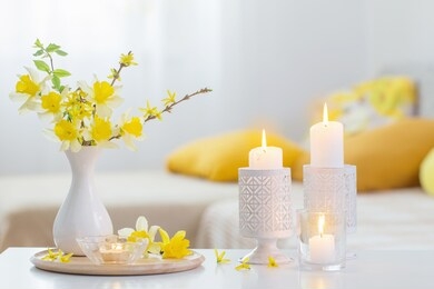 spring flowers in vase on modern interior