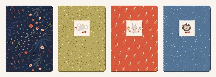 universal abstract and floral templates. applicable for notebook covers, planners, brochures, books, catalogs etc. seamless patterns and masks used, easy to re-size. vector.