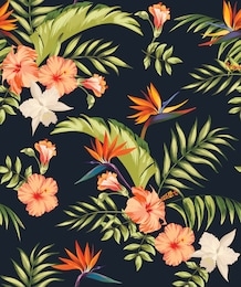 tropical vector seamless background. jungle pattern with exitic flowers, and palm leaves. stock vector. jungle vector vintage wallpaper