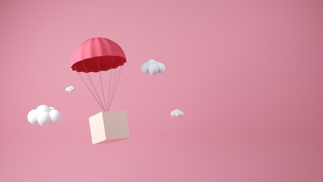 pink parachute delivery objects jump down in the air while the white cloudy. parachute 3d concept design. pink background. transportation on the air, 3d model concept.