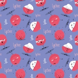 seamless pattern of cute cartoon, kawaii smiling lychee. stock illustration in flat style. litchi character isolated on light violet background. design for t-shirt, textile, fabric, cover ets.