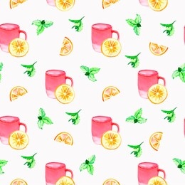 watercolor seamless pattern with pink circles, lemon and mint leaves isolated on a white background. perfect for textiles, wallpapers, invitations, wrapping paper, packaging, background, wallpaper.