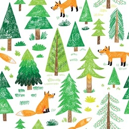 cute kids hand drawn fox forest seamless pattern