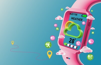 smart watch with weather icon on screen, vector, isolate on green background. illustration.