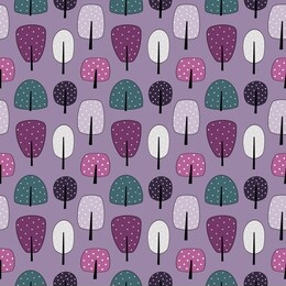 seamless pattern with stylized trees in various colors on violet purple background. spring and summer print in a flat style for design wrapping paper, textile, greeting cards, scrapbooking