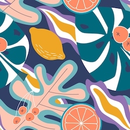 collage modern floral seamless pattern. for paper, chintz, print. bright simple texture in trendy colors. modern exotic jungle illustration of plants, lemons, oranges, berries and leaves in vector.