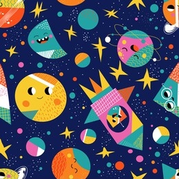 cute space flat cartoon seamless pattern. galaxy vector illustration for kids babies. geometric texture planet, moon, stars, saturn space. cosmos science print nursery