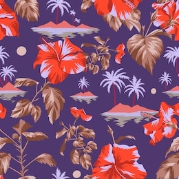 seamless island botanical pattern. colorful summer tropical background. landscape with palm trees, beach and ocean mixed with large red chinese hibiscus rose flowers. flat design, floral bloom.