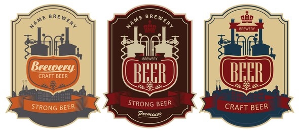 set of vector labels for beer and brewery in figured frames. beer labels in retro style with the production line of the brewery, the inscription and the silhouette of the old town