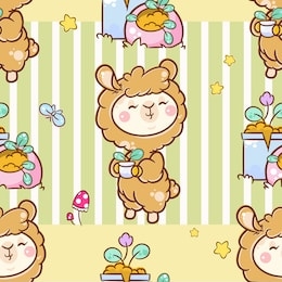 vector cartoon seamless pattern. kawaii anime llama with flowers in pots, butterflies and mushroom on green and yellow background. cute abstract illustration, art for popular kids design