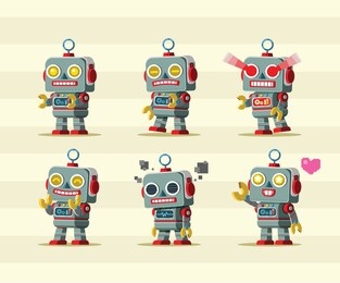 retro toy robot mascot character set
