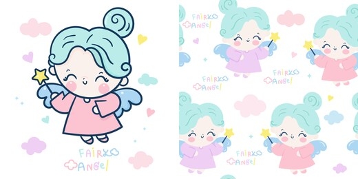 set cute angel cartoon and fairy princess seamless vector star magic wand: series kawaii girl collection girly doodles sweet pastel. perfect for nursery wall children isolated on white background.