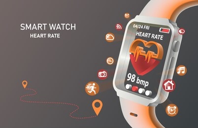 smart watch with heart rate icon on screen, vector, isolate on gray color background. illustration.
