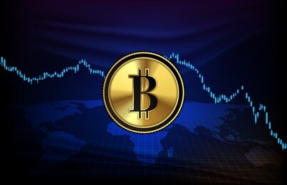 abstract futuristic technology background of bitcoin digital cryptocurrency  and market graph down