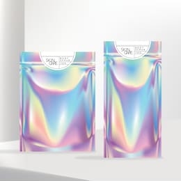 vector holographic or iridescent neon zipper pouch or sachet with white label