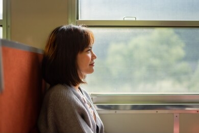 cute girl sitting by the window on the train