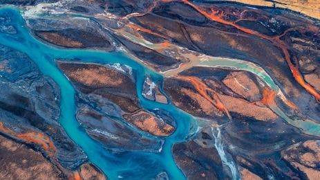 aerial view and top view river in iceland. beautiful natural backdrop.