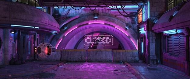 photorealistic 3d illustration of the futuristic city in the style of cyberpunk. empty street with neon lights. beautiful night cityscape.