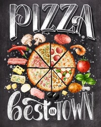hand chalk lettering pizza best in town on black chalkboard background with colorful illustration. vintage kitchen poster.