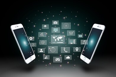 modern communication technology illustration with smartphones interacting and holographic background