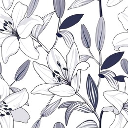 seamless floral pattern of hand drawn white lily in navy tone on white background