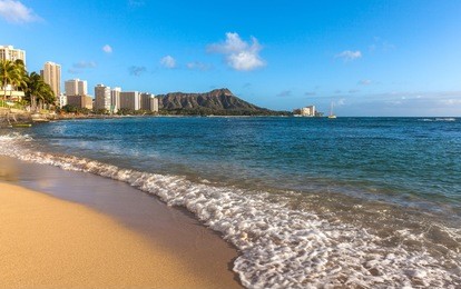 on the beach of waikiki with diamond head volcano in the background