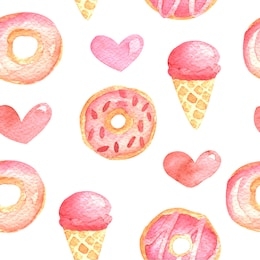 hand drawn watercolor pink and cute girly pattern with donuts, ice cream and hearts. summer love.