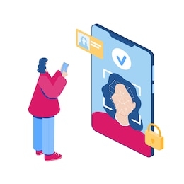 face recognition concept. woman face scanning with smartphone app. ai algorithms. vector isometric illustration.