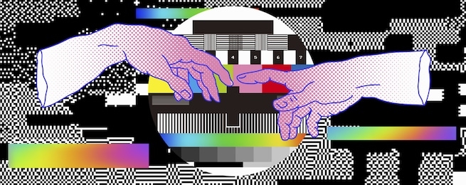 the creation of adam on no signal tv backgound. vaporwave style collage with hand drawn illustration from a section of michelangelo's fresco sistine and rgb bars with vhs glitch effect.