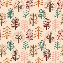 cute forest seamless pattern with cartoon summer trees in flat doodle style. woodland background. vector illustration.  