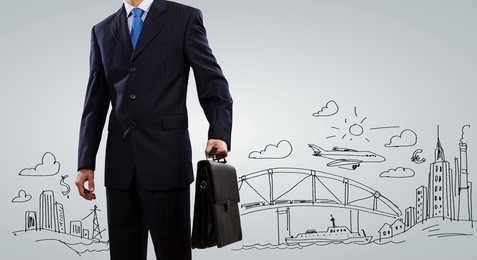 businessman holding suitcase against sketch background. business travel