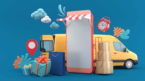 smart phone is surrounded by the yellow van, parcels, shopping bags and alarm clocks on a blue background.-3d rendering.