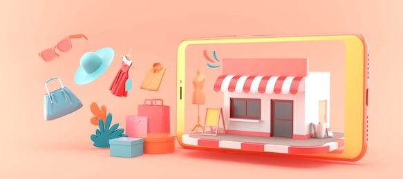 the shop online is surrounded by shopping bags and clothes on a pink background.-3d rendering.
