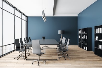 luxury meeting room with panoramic city view and  daylight. presentation and corporate concept. 3d rendering