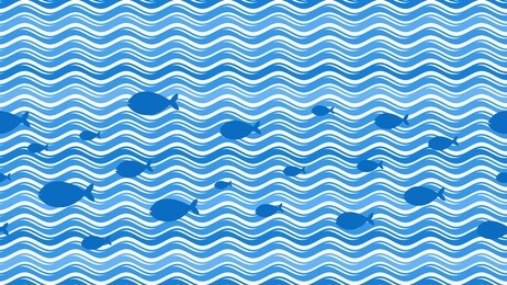 sea waves. curve wave pattern. water streaks and fish silhouettes texture. swimming nautical print. abstract ocean life vector seamless background