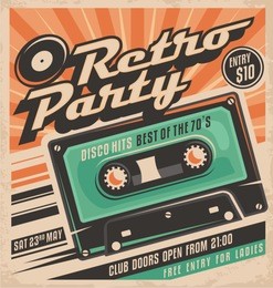 retro party poster design. disco music event at night club, vintage invitation template.