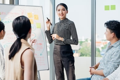 group of asian young modern people in smart casual wear having a brainstorm meeting while sitting in office background. business meeting, planning, strategy, new business development, startup concept.