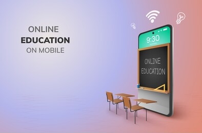 digital classroom online education kindergarten backto school concept. learning on phone, mobile website background. decor by blackboard kid, children student desk table chair. 3d vector illustration.