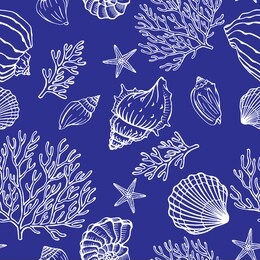 seamless pattern with seashells, corals and starfishes. marine background.  perfect for greetings, invitations, manufacture wrapping paper, textile and web design.