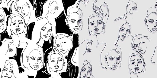 two seamless vector patterns with female faces, linear hand drawing.