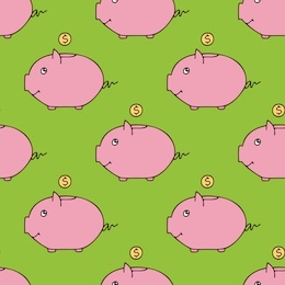 doodle money saving related seamless pattern. funny pink piggy with golden dollar coin icons on a green background. vector stock illustration in cartoon style. 