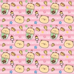 seamless pattern of bear with food and dessert on pink background.cute cartoon hand drawn.animal,bubble tea,star doodle.image for card,poster,banner,wallpaper,children wear.vector.illustration.