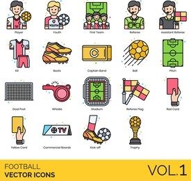 football soccer icons including player, youth, first team, assistant referee, kit, boots, captain band, ball, pitch, goal post, whistle, stadium, flag, red, yellow card, commercial board, kick-off.