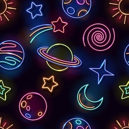 vector colorful seamless pattern with space neon lamp symbols. glowing planets, sun, moon, comet and stars on black background