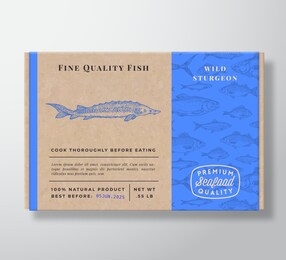 fish pattern realistic cardboard container. abstract vector seafood packaging design or label. modern typography, hand drawn sturgeon silhouette. craft paper box pattern background layout. isolated.
