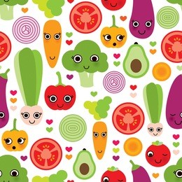 seamless happy vegetables food fun illustration background pattern in vector