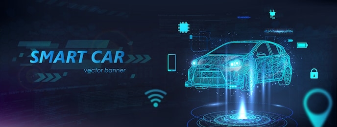 hologram smart car in futuristic polygonal style. electric machine. autonomous car vehicle with infographic. intelligent car banner with icons and machine benefits. smart automobile. vector 